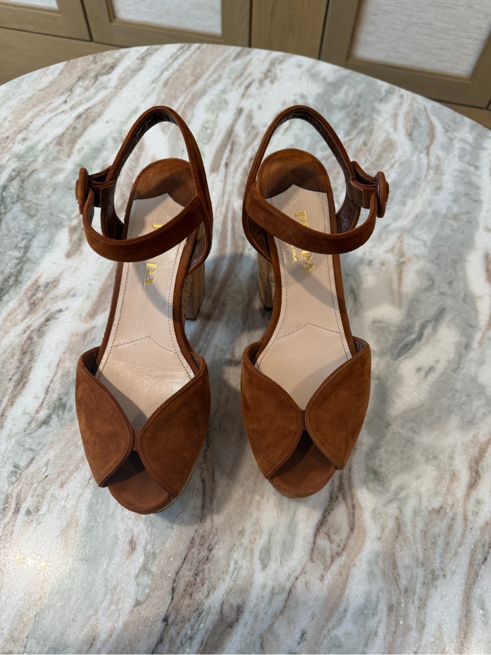 Prada Cognac Suede Peep-Toe Block Heel Sandals